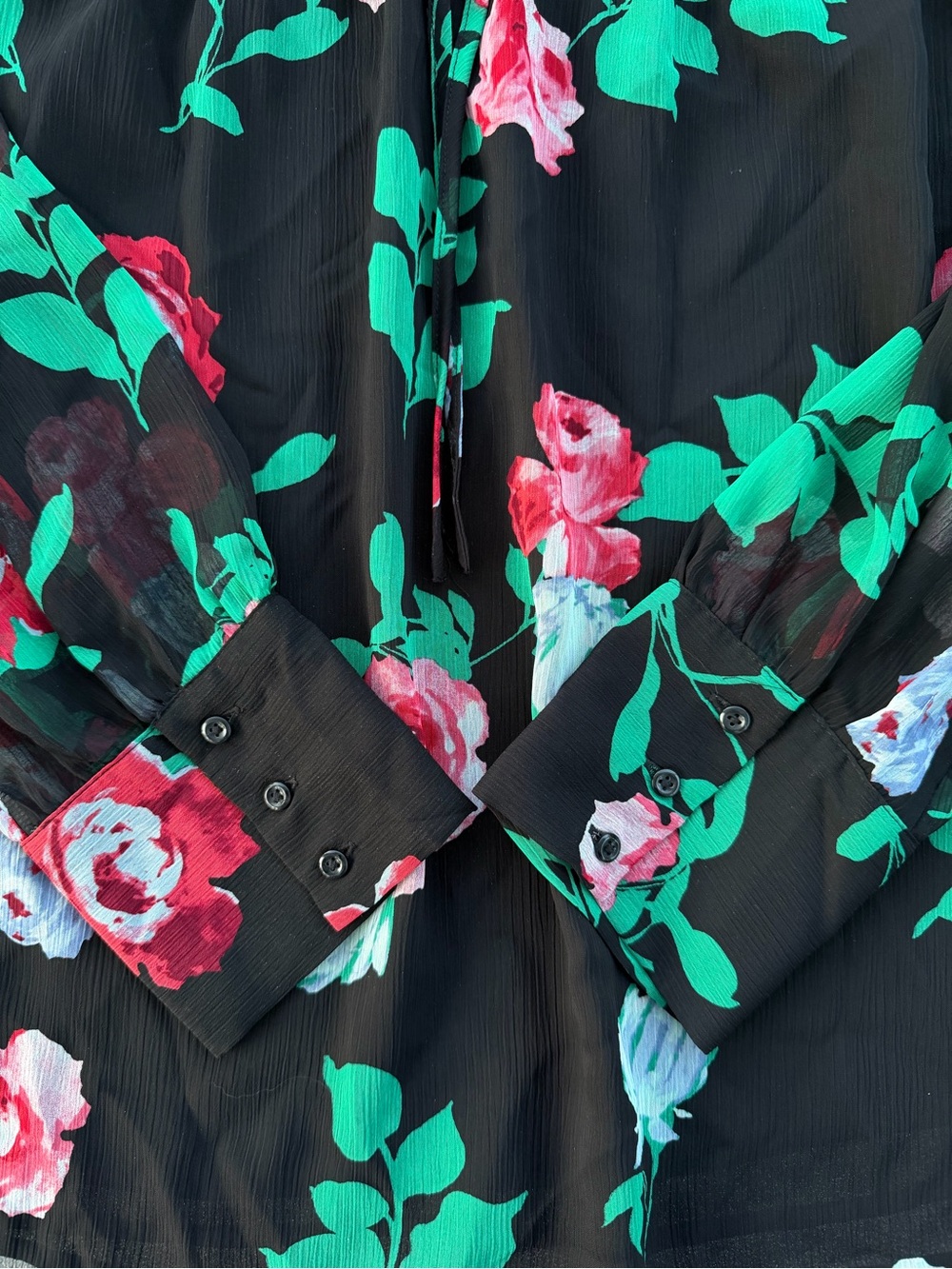 Apt 9. Semi-Sheer Black Crepe Floral Rose Garden Long Cuffed Sleeve Blouse ~ XL - Picture 4 of 7